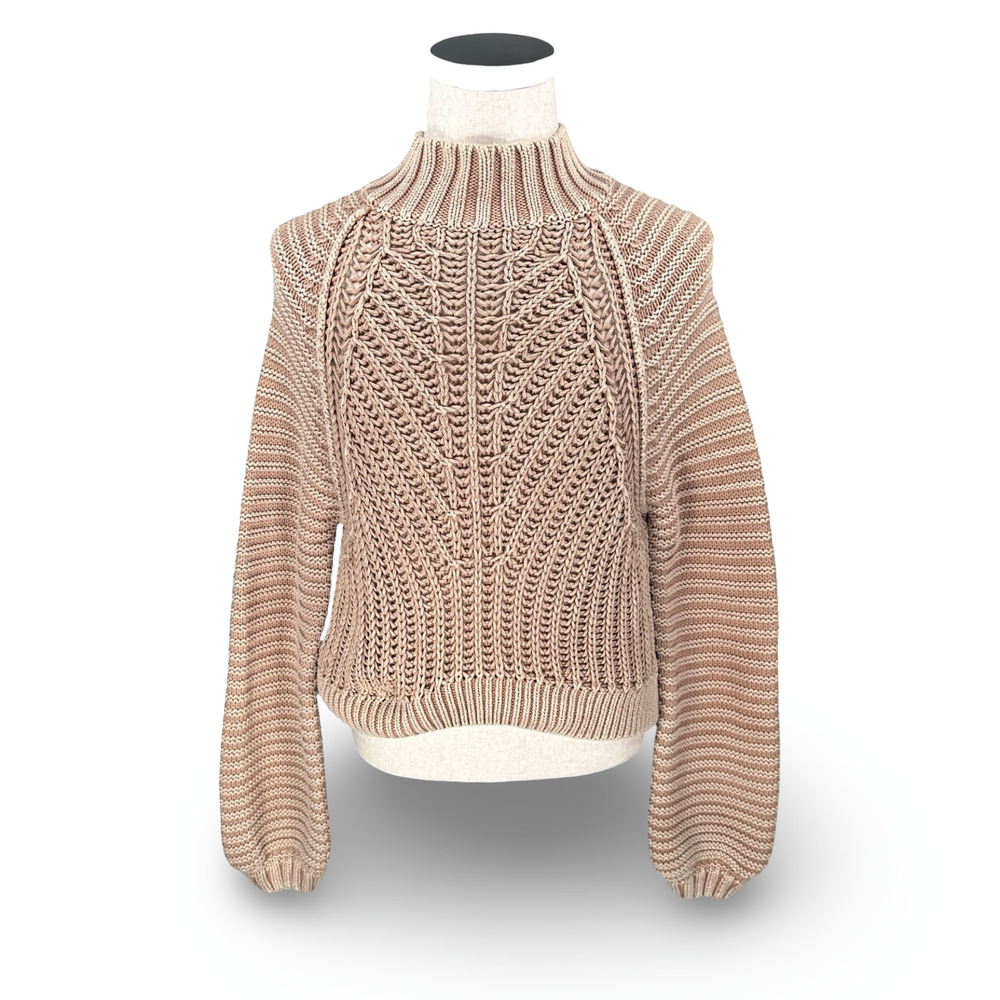 Free People Sweetheart Sweater Women’s Small Beige Mock Neck Chunky‎ Open-Knit